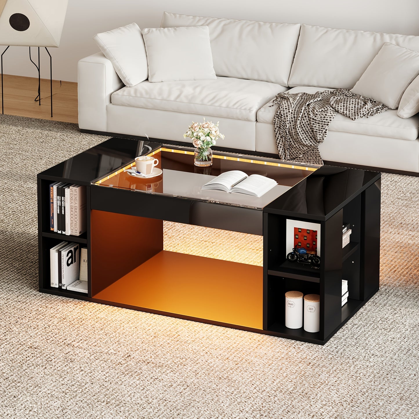 Salontafel glazen – Woonkamertafel koffietafel bijzettafel tafel – Modern design – Gehard glas – Hoogglans zwart – Hol middenstuk – Extra opbergruimte