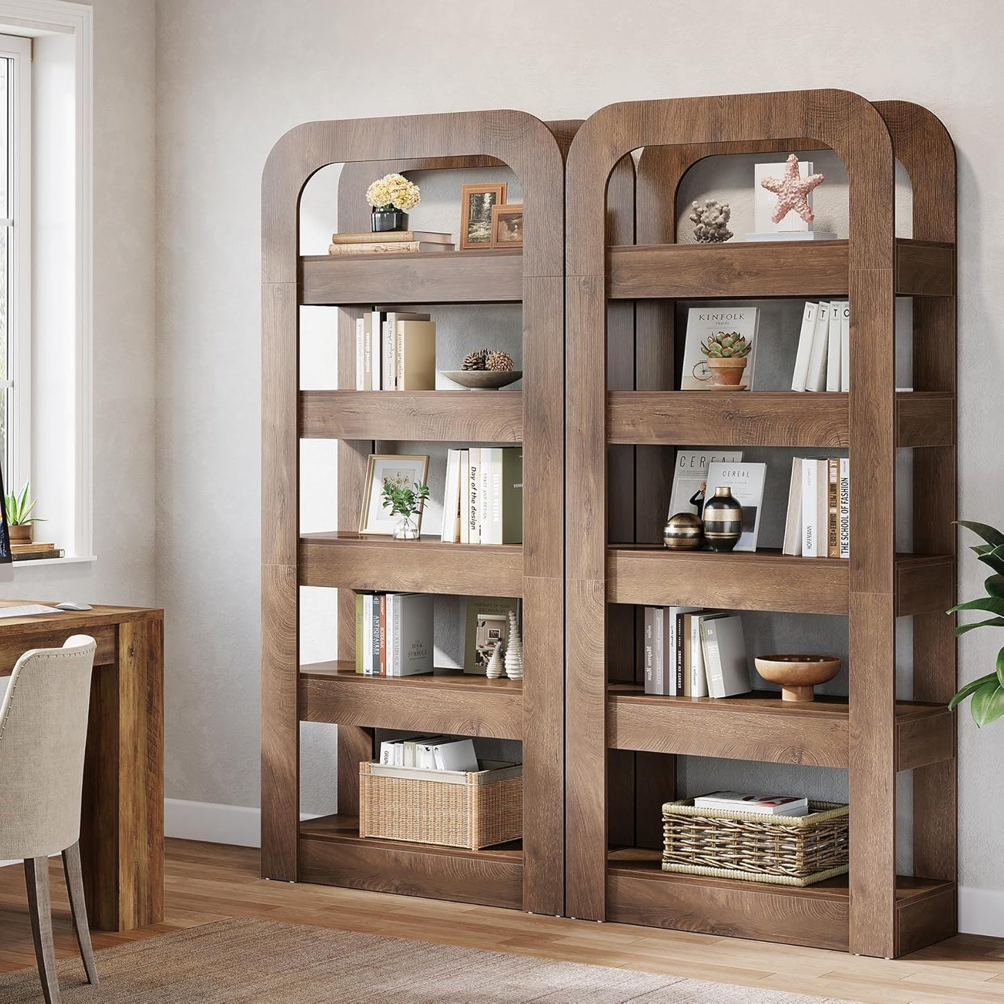 6-laagse houten boekenkast – open kast – boekenrek – opbergmeubel – wandkast – bruine kleur – 178 cm hoog – duurzaam massief hout met anti-kantelbeugel
