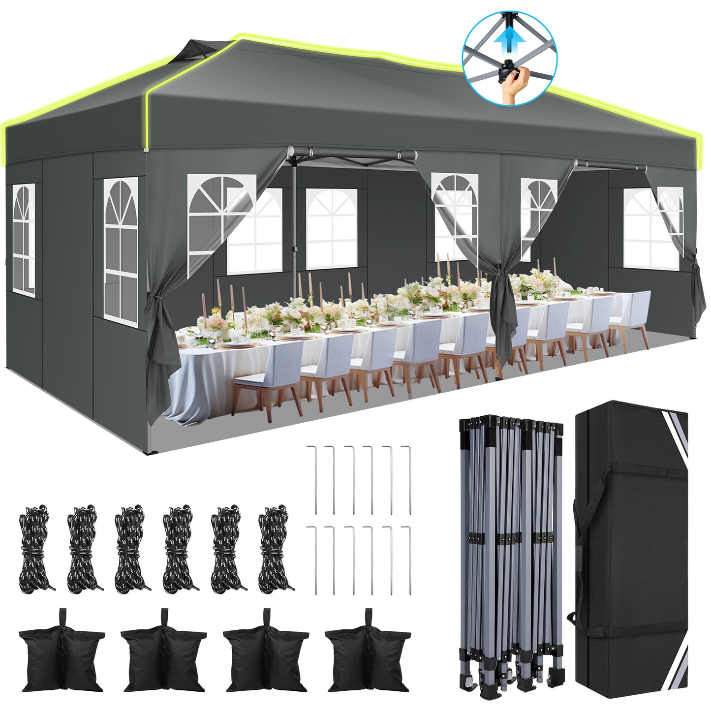 Pop-up Tent – Partytent – Tuinkamer – Vouwtent – Zonnescherm – Grijs – 3x6m Met 6 Afneembare Zijwanden – 3 Hoogtes Verstelbaar