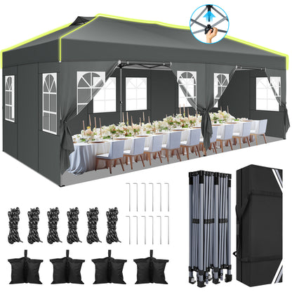 Pop-up Tent – Partytent – Tuinkamer – Vouwtent – Zonnescherm – Grijs – 3x6m Met 6 Afneembare Zijwanden – 3 Hoogtes Verstelbaar