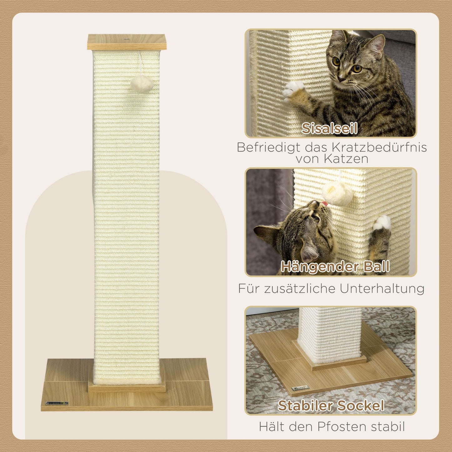 Krabpaal – Krabmeubel – Krabpaal Kat – Krabton – Krabpaal Sisal – Eikenhoutkleur & Crème Wit – Compact 38x38x80 cm – Inclusief Speeltje
