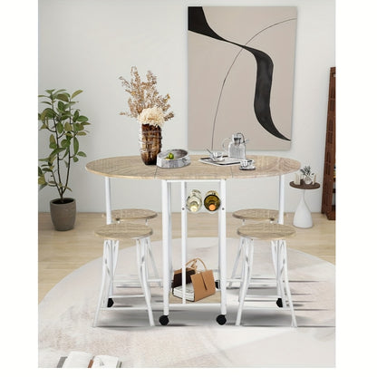 Eettafelset – Eettafel Meubelset – Eethoek – Keukentafelset – Zitgroep – Inklapbare Tafel Met Opbergruimte – Massief Hout & Metaal – Compact Rond/Rechthoekig – Wit & Natuurlijke Houtkleur – Modern Design – Stevig & Ruimtebesparend