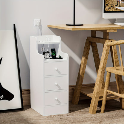 Nachtkastje – Bedside Table – Bijzettafel – Nachtkast – Ladekastje – Smal Design – 3 Laden – Wit Met Marmerachtig Blad – 25x35x70 cm – Gemakkelijk Geassembleerd