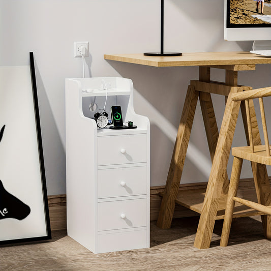 Nachtkastje – Bedside Table – Bijzettafel – Nachtkast – Ladekastje – Smal Design – 3 Laden – Wit Met Marmerachtig Blad – 25x35x70 cm – Gemakkelijk Geassembleerd