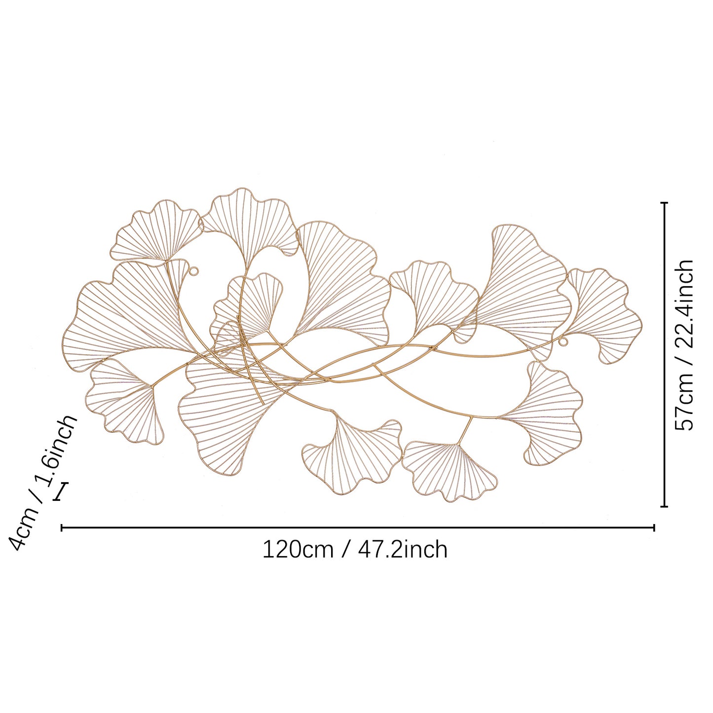 Ginkgo Wanddecoratie – Metalen Wandkunst – Muurdecoratie – Wandornament – Woondecoratie – Extra Lang 120x57 cm – Goudgele IJzeren Constructie – Handgemaakte 3D Bladdisplay – Inclusief Ophangset