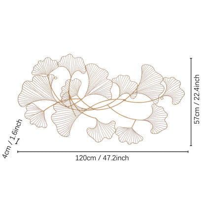 Ginkgo Wanddecoratie – Metalen Wandkunst – Muurdecoratie – Wandornament – Woondecoratie – Extra Lang 120x57 cm – Goudgele IJzeren Constructie – Handgemaakte 3D Bladdisplay – Inclusief Ophangset