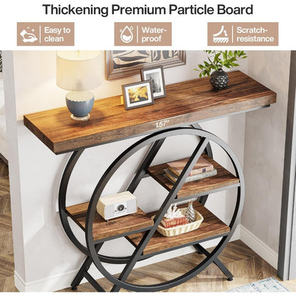 Industriële Sidetable – Haltafel – Wandtafel – Opbergtafel – Bijzettafel – Rustiek Bruin – Geometrisch Metalen Frame – 4 Niveaus Met Stevig 4cm Tafelblad