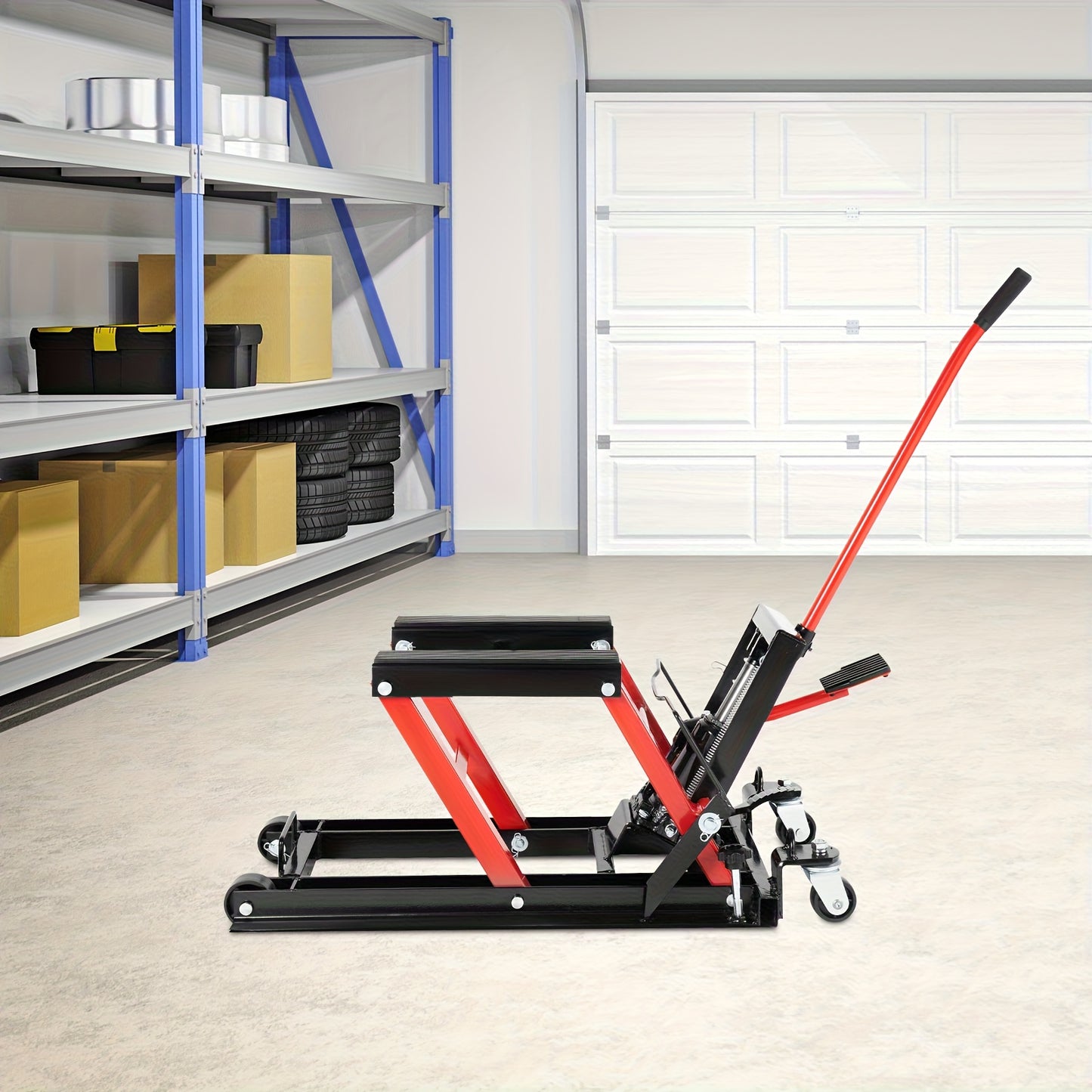Motorfietsbrug – Motorlift – Hydraulische Motorbrug – Motorkrik – Werkplaatsbrug – 680 kg Belastbaar – Robuust Koolstofstaal Frame – Rood – Verstelbare Hefhoogte – 4 Zwenkwielen