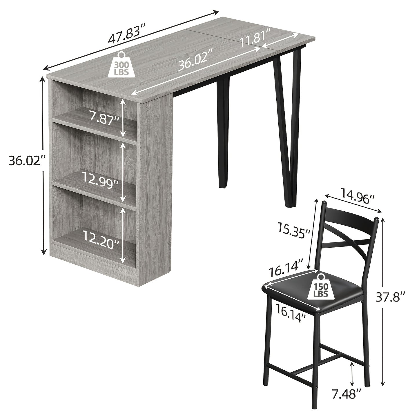 3-delige Bar Tafel Set – Bartafel Set – Barmeubel – Bistrotafel – Eettafel Compact – Opklapbaar Tafelblad – Met Opbergruimte – Grijs – Ruimtebesparend – Stevig Houten Ontwerp