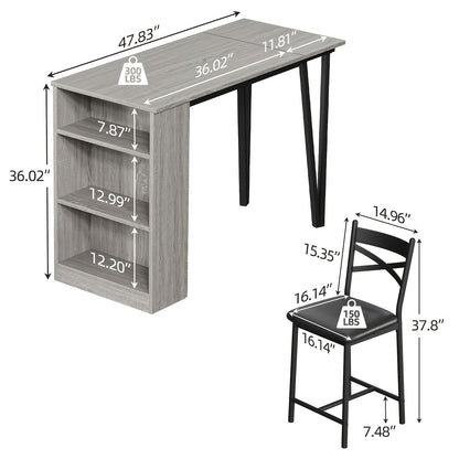 3-delige Bar Tafel Set – Bartafel Set – Barmeubel – Bistrotafel – Eettafel Compact – Opklapbaar Tafelblad – Met Opbergruimte – Grijs – Ruimtebesparend – Stevig Houten Ontwerp