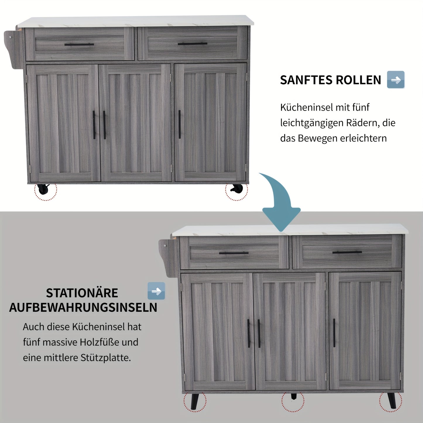 Eettafelkar – Dressoir – Opbergkast – Keukenwagen – Serveerwagen – Uitbreidbaar Marmeren Blad – Mobiel Met Wielen – Khaki Grijs Houtnerf – Massief Houten Poten