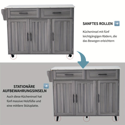 Eettafelkar – Dressoir – Opbergkast – Keukenwagen – Serveerwagen – Uitbreidbaar Marmeren Blad – Mobiel Met Wielen – Khaki Grijs Houtnerf – Massief Houten Poten