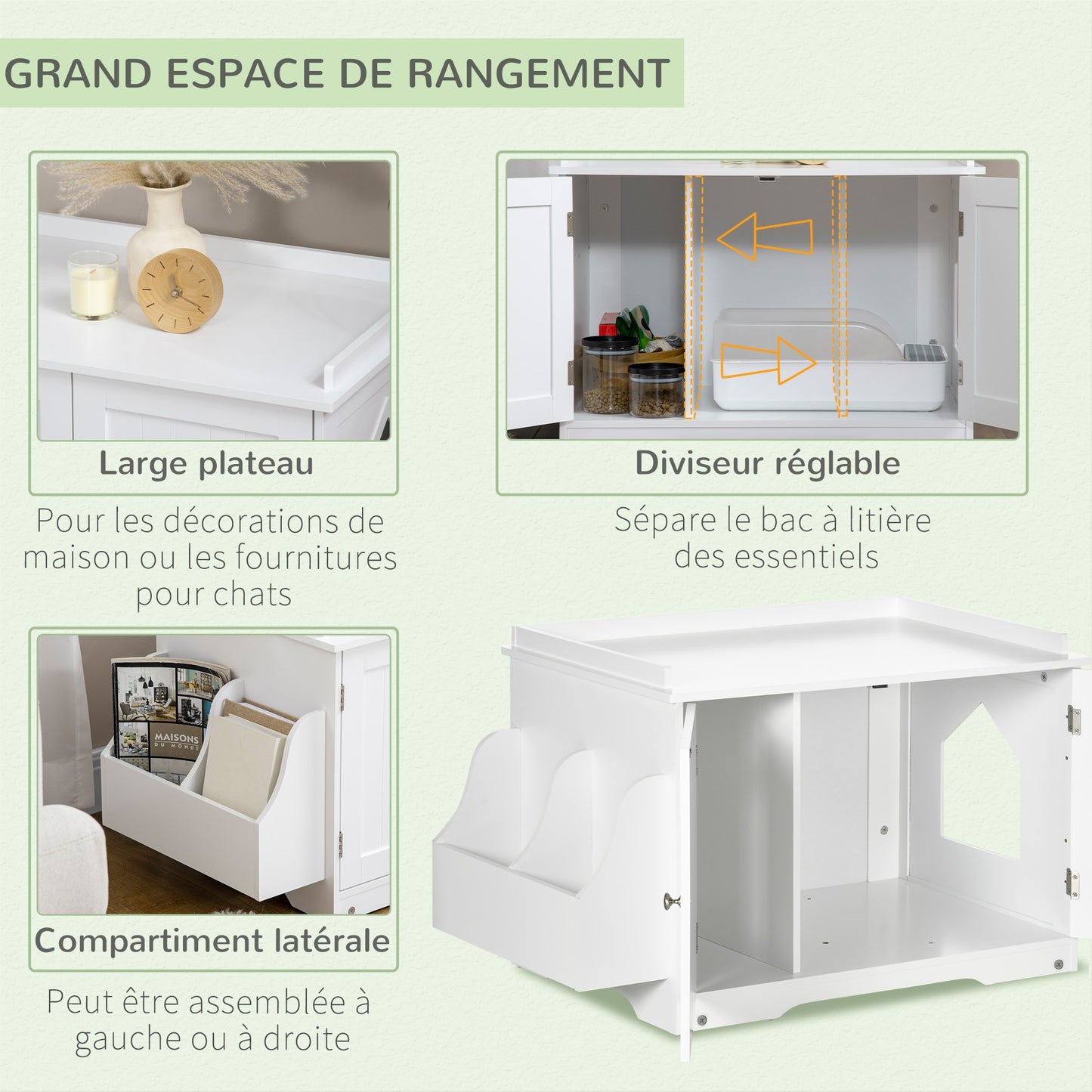 kattenbakhuis – kattenbakhuisje – kattentoilet – kattenbakmeubel – kattenbakkast – wit MDF hout – verstelbare binnenschot 86x48x52 cm