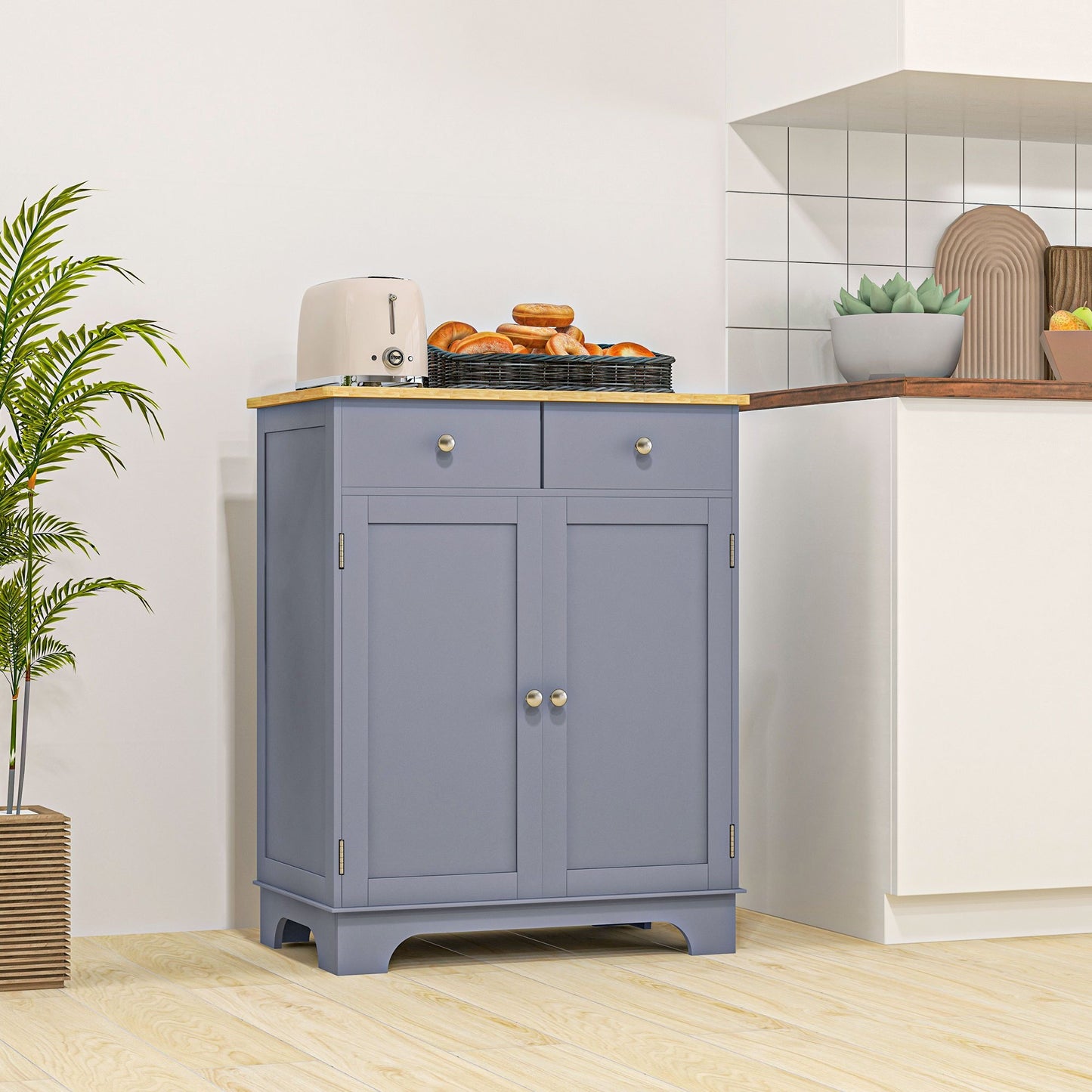 HOMCOM Multi-Storage Buffet with 2 Doors And Adjustable Shelf 2 Sliding Drawers Wooden Teak Top