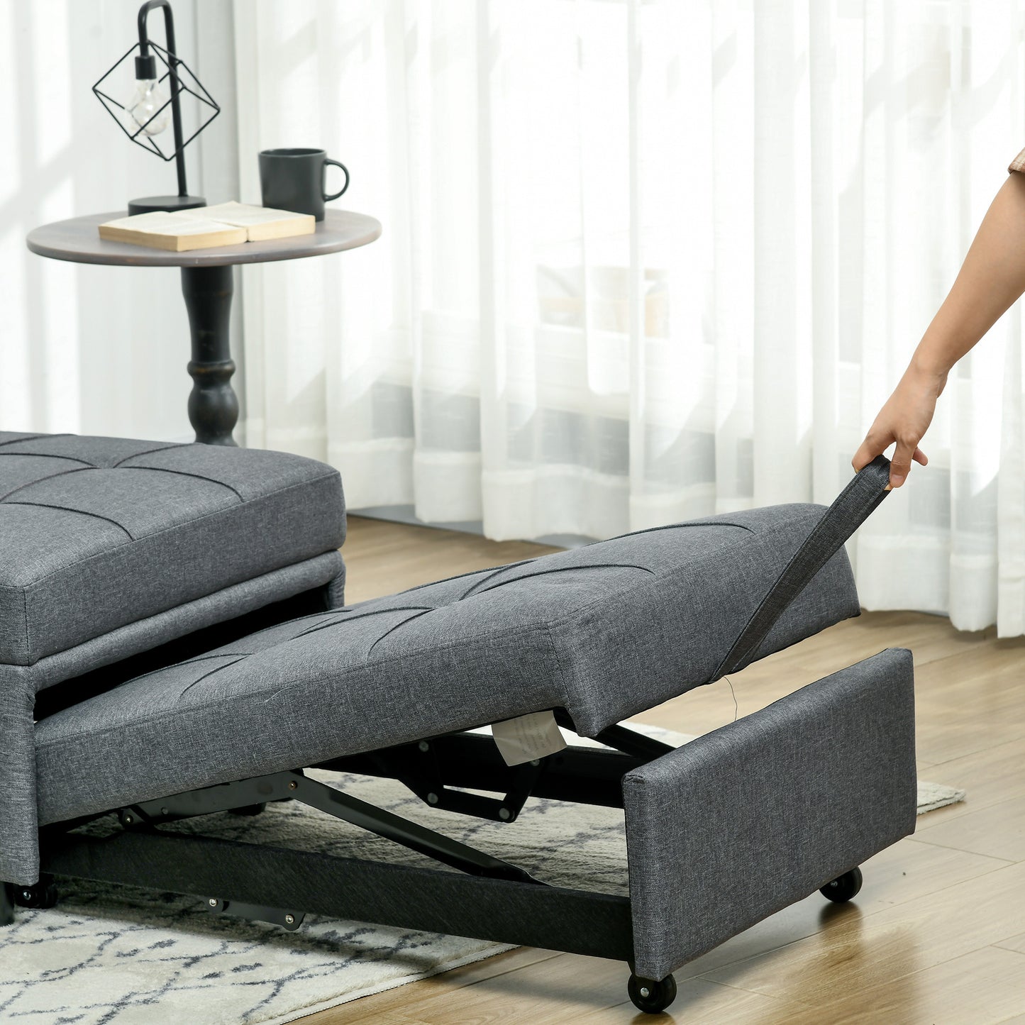 3-in-1 Stoel – Slaapstoel – Fauteuil – Chaise Longue – Grijs – Verstelbare Rugleuning – Handige Zijvakjes