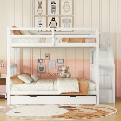 Hoogslaper – Stapelbed – Kinderbed – Eenpersoonsbed – Bed met onderschuifbed – 140x200 cm – Met trap en opbergrekken – Veiligheidsleuningen – EN747-1 gecertificeerd