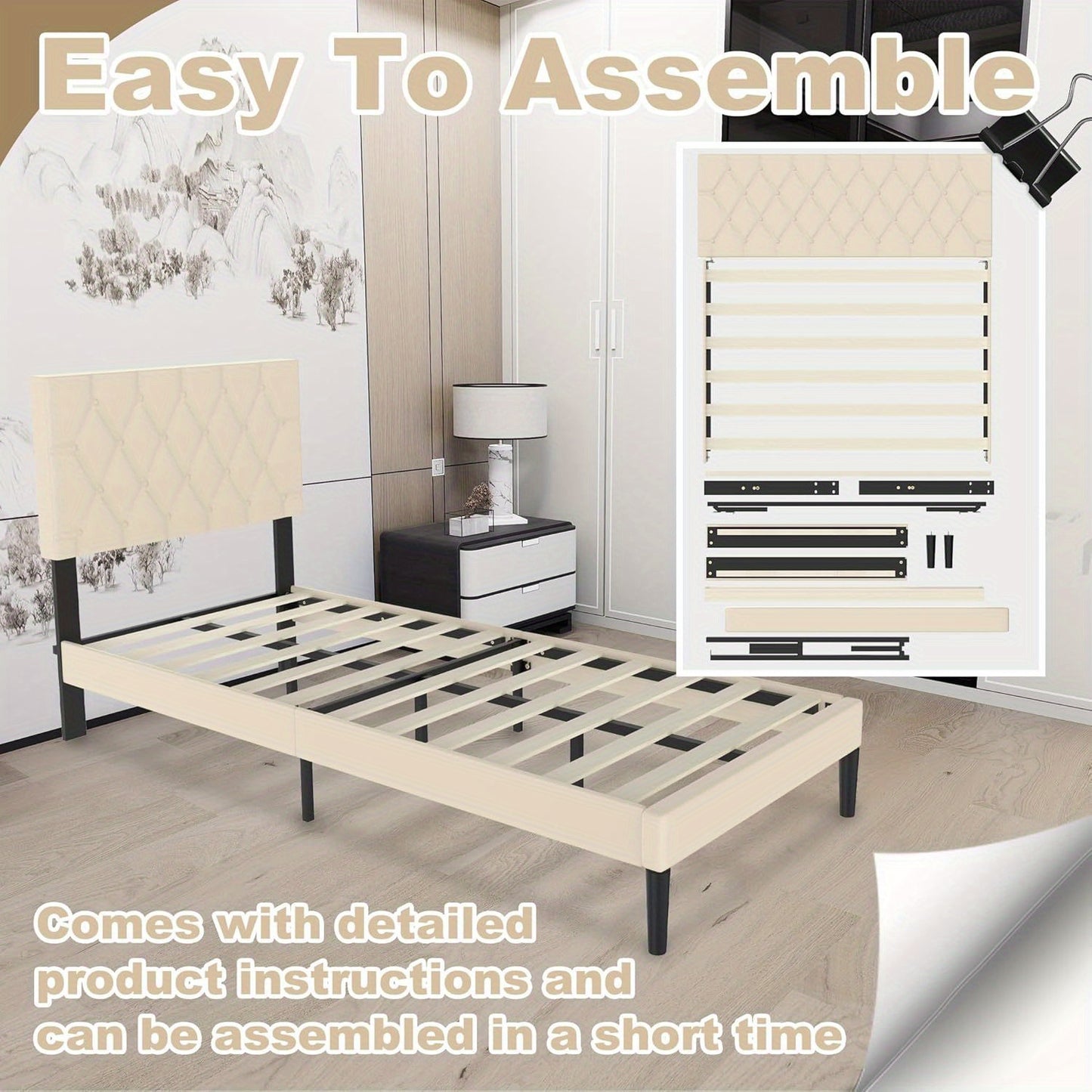 Bedframe – Logeerbed – Metalen Bed – Gestoffeerd Bed – Bedombouw – Faux Leder Hoofdbord – 12 Latten – Maximale Draagkracht 300 kg