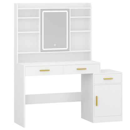 Dressing Table, Large Tabletop with Mirror, 3 Drawers And 1 Cabinet, Open Multi-tiered Shelves, for Bedroom, Wardrobe, 40 X 130 X 149cm, White