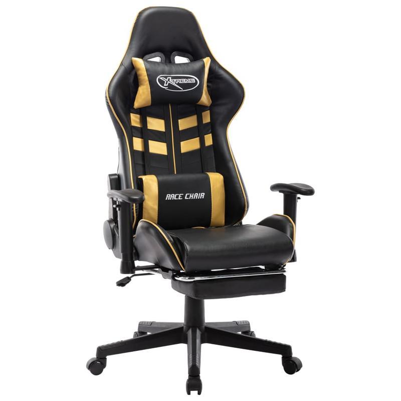 Gaming chair with footrest, black faux leather and gold-colored gaming PC