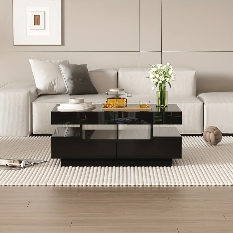 Modern Coffee Table with High-Gloss Black Finish - Large Living Room Center Table, 4 Drawers (Front & Back), Spacious Storage, Easy Assembly, for Living Room, Home Office, or Entertainment Spaces - Durable Furniture, Coffee T