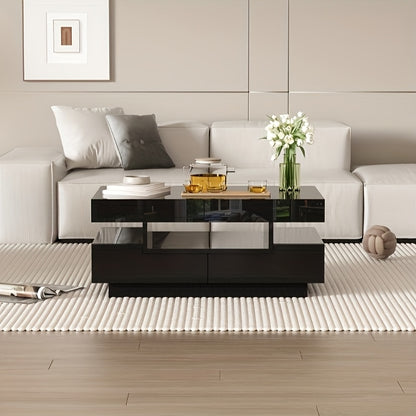 Modern Coffee Table with High-Gloss Black Finish - Large Living Room Center Table, 4 Drawers (Front & Back), Spacious Storage, Easy Assembly, for Living Room, Home Office, or Entertainment Spaces - Durable Furniture, Coffee T