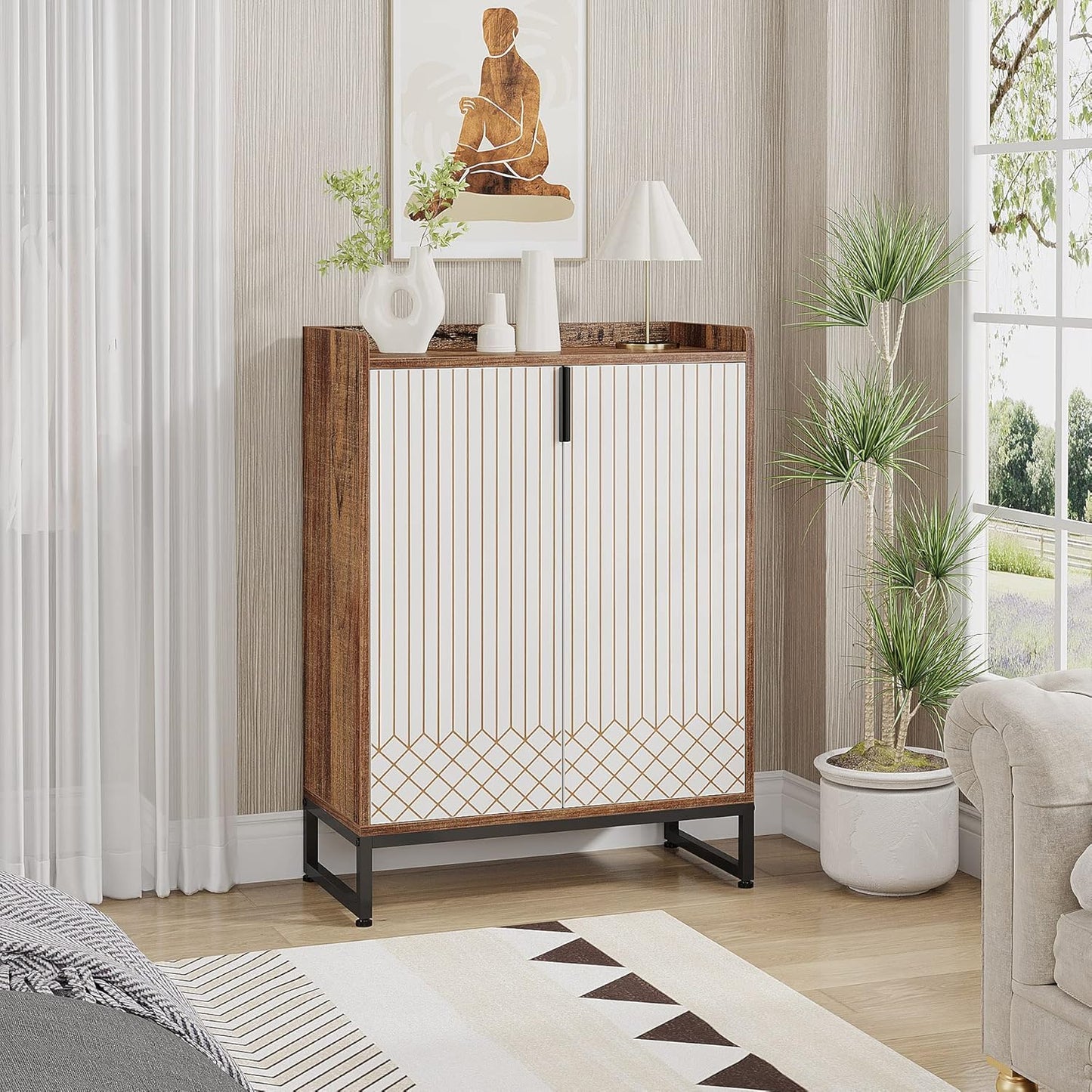 Schoenenkast – Schoenenrek – Schoenenopberger – Halkast – Schoenenkastje – 25 Paar Capaciteit – Compact Met Metalen Frame – Moderne Smalle Schoenenkast Met 2 Deuren – Wit Bruin