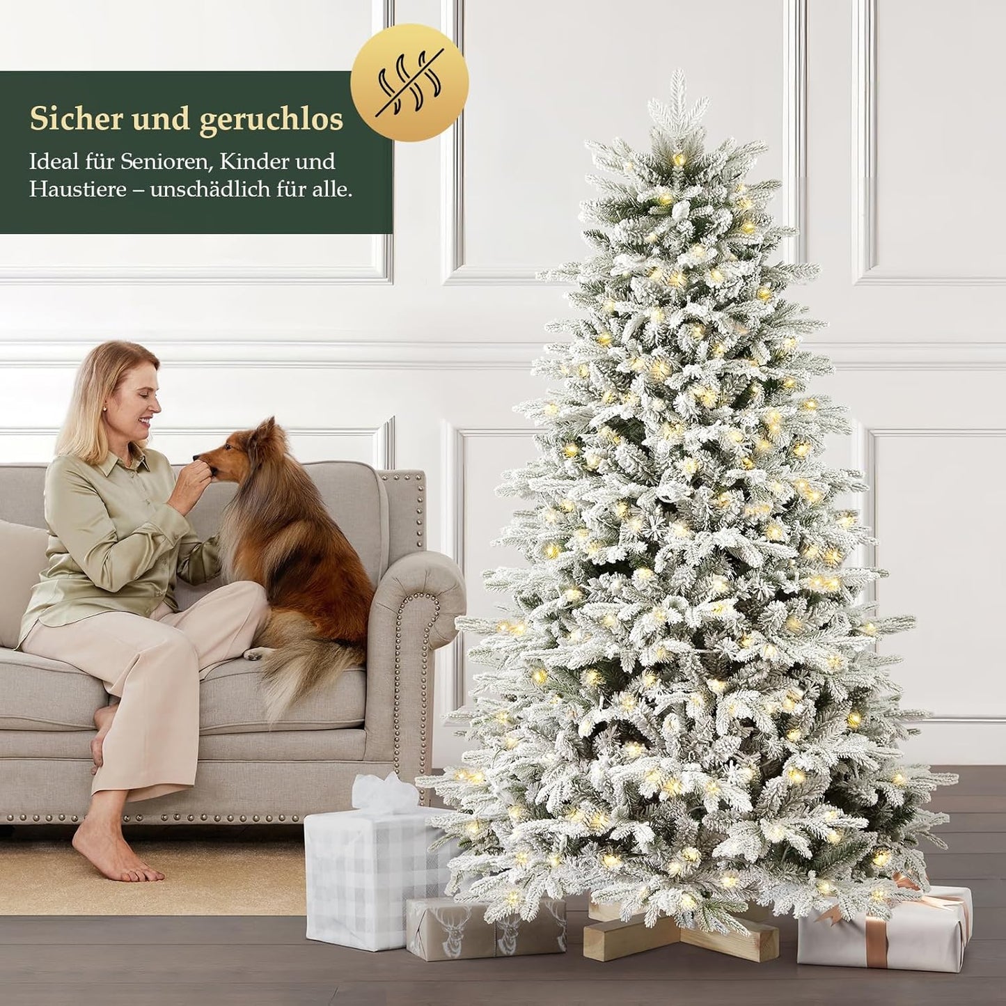 SALCAR Artificial Christmas Tree With, Snow Artificial Fir Tree, Gloves, Wooden Stand