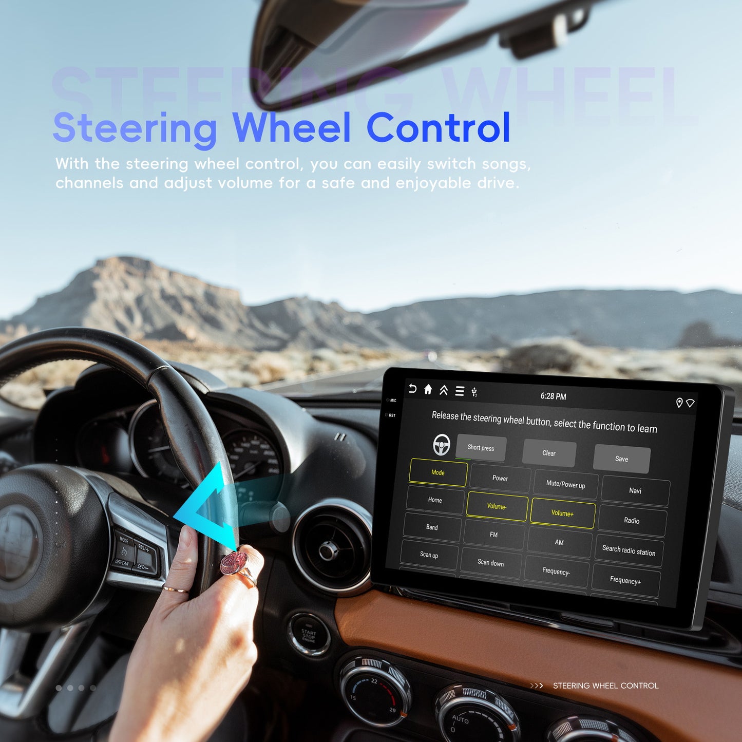 Car Stereo Featuring 4+128G Storage, Equipped with Wireless Apple Carplay And Android Auto, a 10-Inch 2 Din Android 15 Touchscreen, And Includes Wifi, SWC, FM, RDS, USB, And Camera Support.