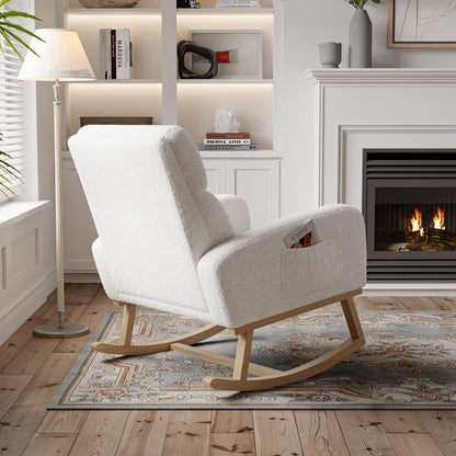 Schommelstoel – Relaxstoel – Fauteuil – Voedingsstoel – Loungestoel – Lammywol Bekleding – Ergonomische Hoge Rugleuning – Zijzakken – Wit