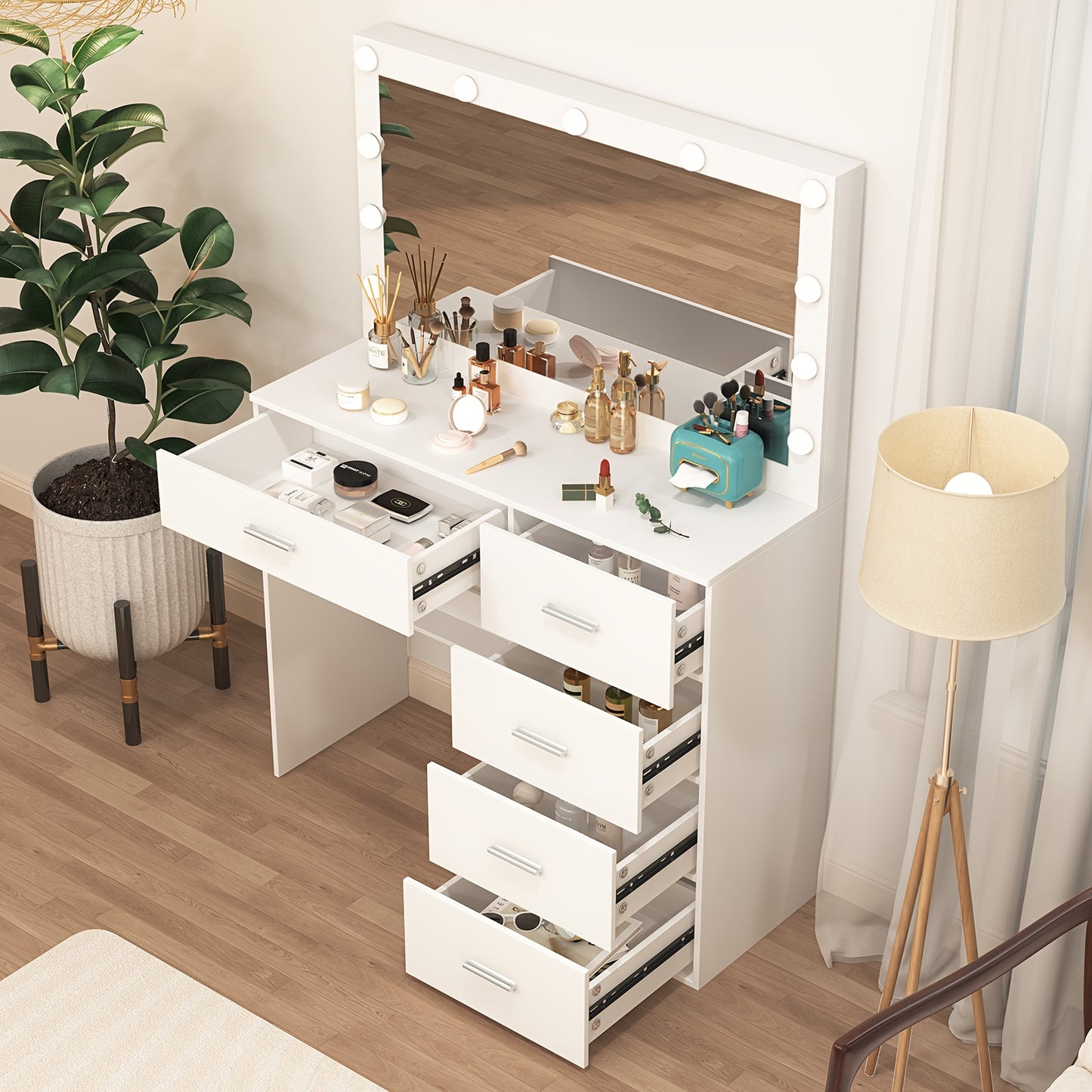 Kaptafel – Make-up Tafel – Cosmeticatafel – Opmaaktafel – Dressing Table – Wit – LED-Verlichting – 5 Lades