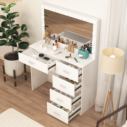 Kaptafel – Make-up Tafel – Cosmeticatafel – Opmaaktafel – Dressing Table – Wit – LED-Verlichting – 5 Lades