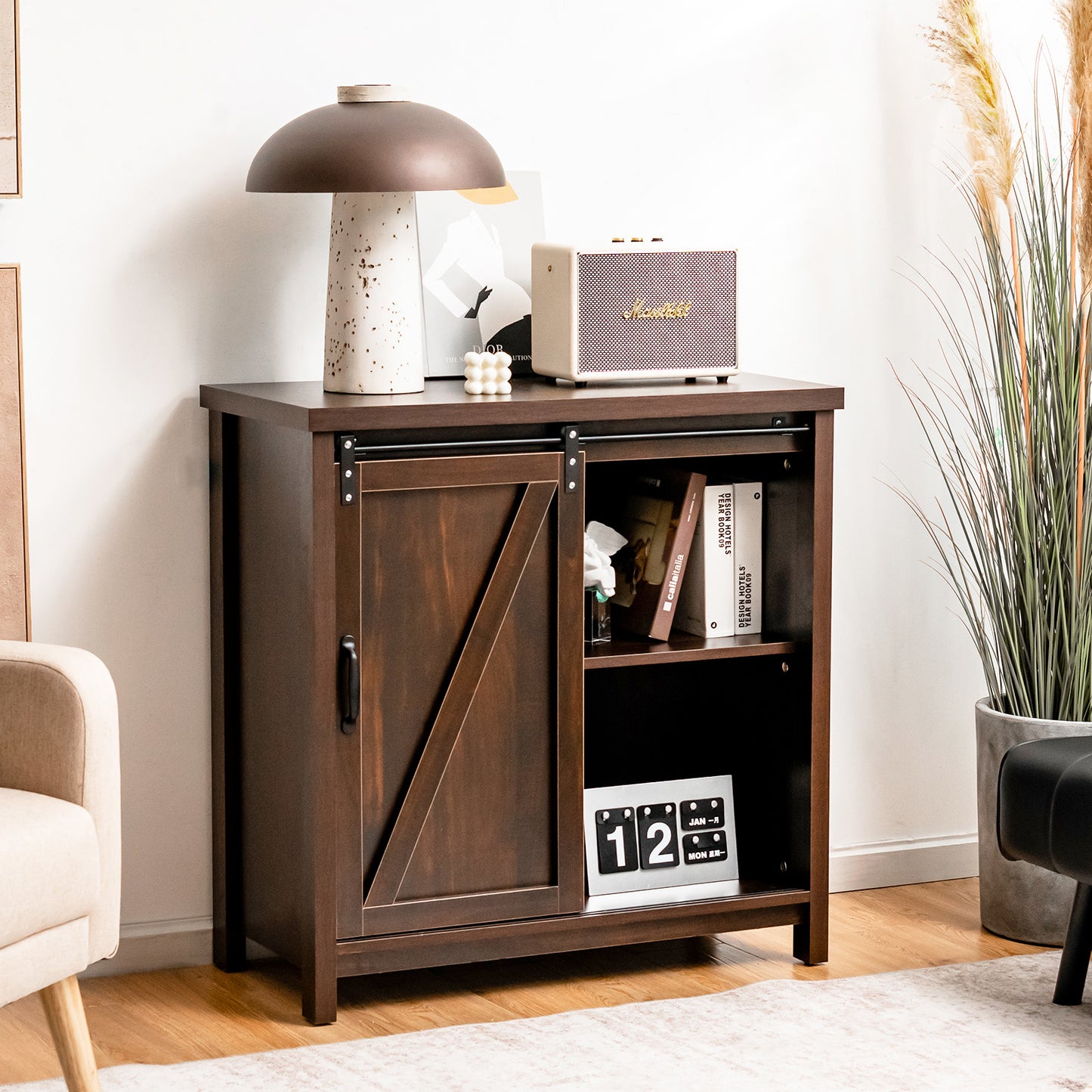 Kast – Opbergkast – Bijzetkast – Nachtkastje – Bruin – Schuifdeur – 4 Compartimenten – Hoogwaardig Spaanplaat – Compact Design