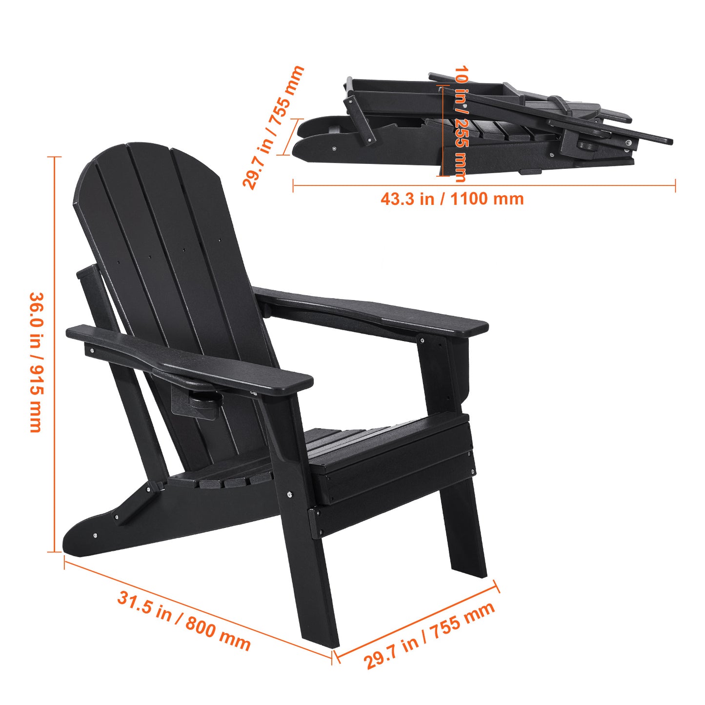 Inklapbare Adirondack Tuinstoelen – Tuinstoel, Schommelstoel, Buitenstoel, Campingstoel – Zwart – Weerbestendig HDPE Kunststof – Comfortabel Brede Zitting 105° Rugleuning