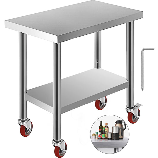 Roestvrijstalen Werktafel – RVS Werkbank – Keuken Werktafel – Commerciële Werktafel – Food Prep Tafel – 3 Verstelbare Legplanken – 4 Wielen met Rem