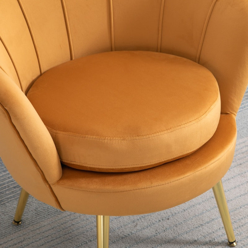 Shell Shape Fauteuil – Loungestoel – Accentstoel – Make-up Kruk – Zitstoel – Gele Velours Bekleding – Metalen Poten – Compact Design