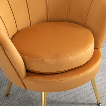 Shell Shape Fauteuil – Loungestoel – Accentstoel – Make-up Kruk – Zitstoel – Gele Velours Bekleding – Metalen Poten – Compact Design