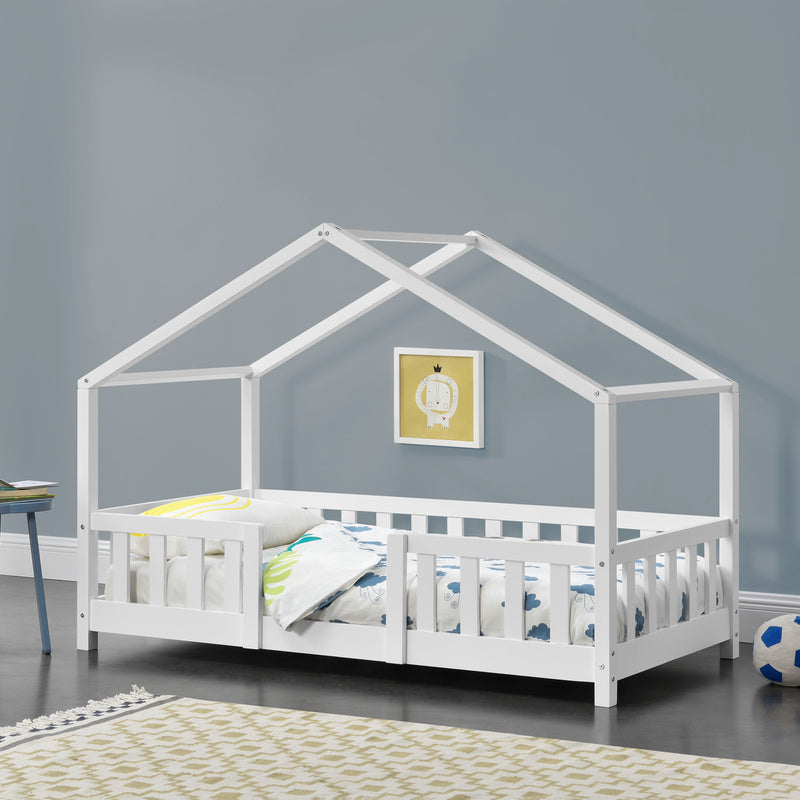 Kinderbed – Kinderbedje – Peuterbed – Bedje – Ledikant – Wit Huisvormig Design – Valbeveiliging – Massief Dennenhout – 80x160 cm
