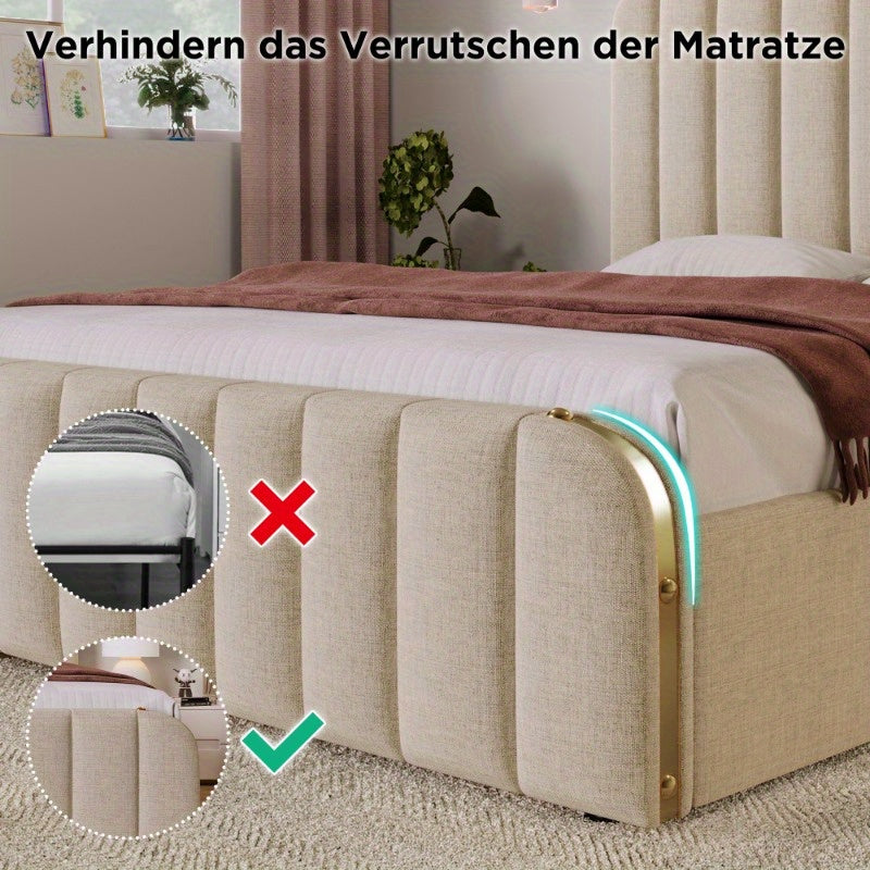 Upholstery Tweepersoonsbed – Bedframe – Slaapbank – Opbergbed – Hydraulisch Bed – 160x200 cm – Beige Linnen – Gouden Rand Hoofdeinde