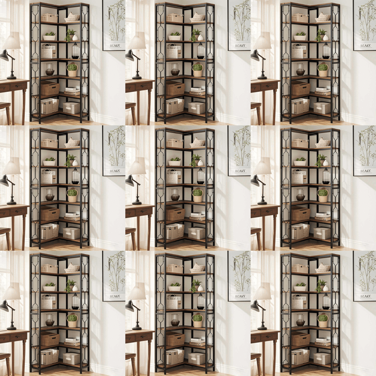 Hoekplank – Hoekrek – Boekenkast – Wandplank – Opbergkast – 7 Schappen – Hardhouten Frame Met Metalen Accenten – Eenvoudige Montage