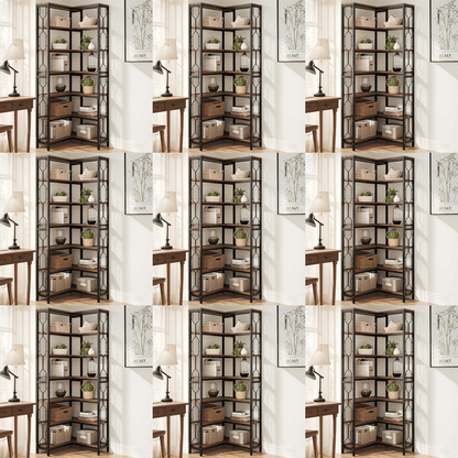 Hoekplank – Hoekrek – Boekenkast – Wandplank – Opbergkast – 7 Schappen – Hardhouten Frame Met Metalen Accenten – Eenvoudige Montage