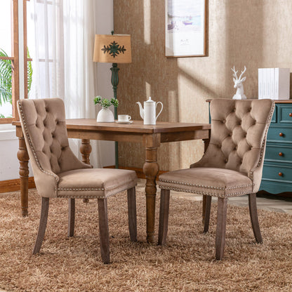 Set of 2 Modern Luxury Tufted Velvet Dining Chairs - Plush Upholstered Seats with Nailhead Trim, Dark Brown/Black Legs & Neutral-Toned Cushion, Easy-Clean Fabric for Contemporary Dining Room, Living Room, or Office - Multi-Co