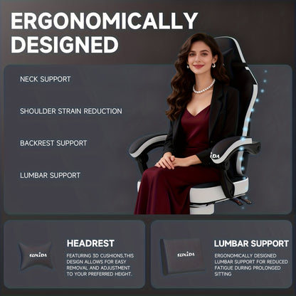 Gamingstoel – Gamestoel – Gaming Chair – Game Stoel – Bureaustoel – Ergonomisch Design – Verstelbare Hoogte & Rugleuning – Voetsteun & Lendensteun – Zwart/Wit