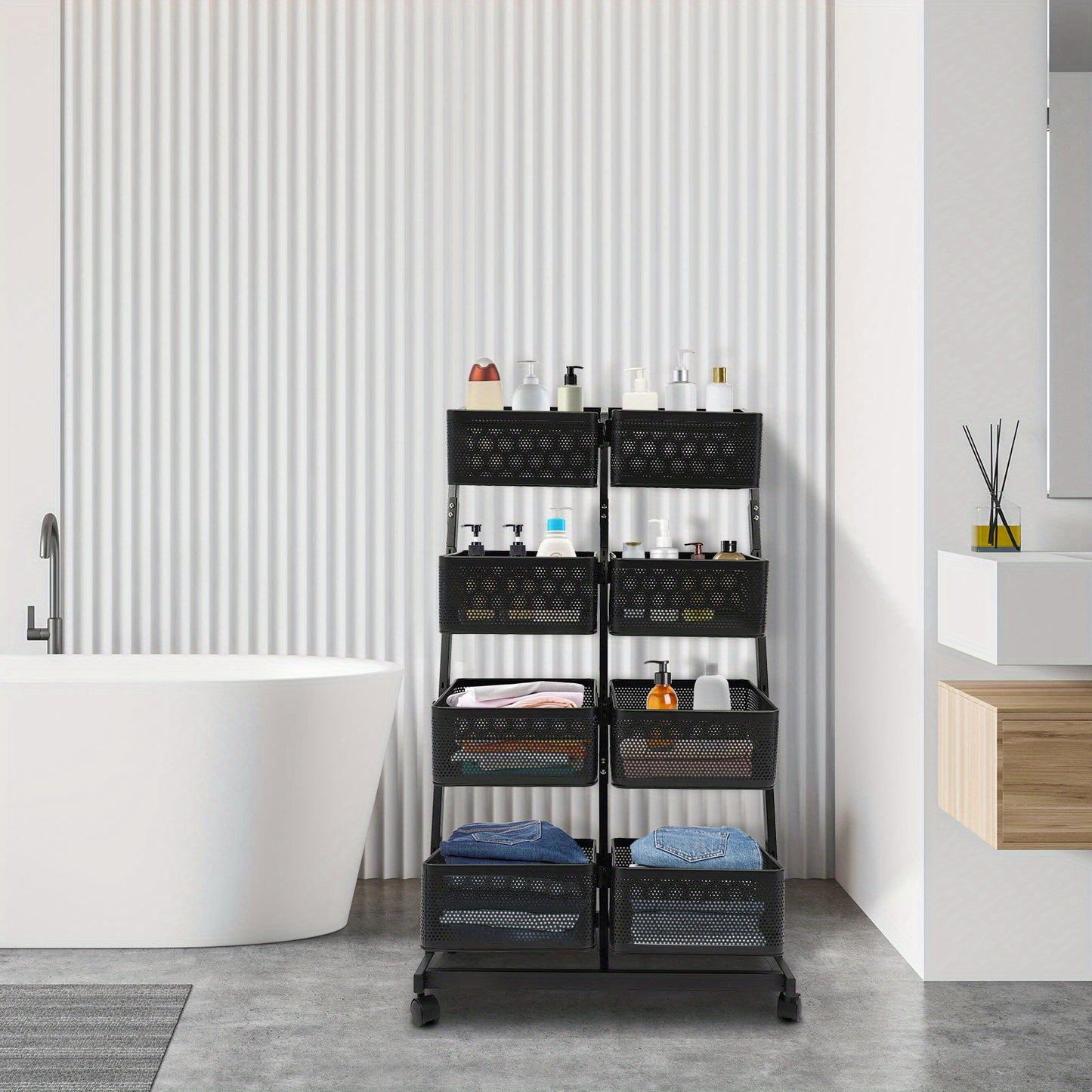 Opbergrekje – Opbergtrolley – Stellingkast – Opbergwagen – Opbergrek – Zwart Metalen Frame – 4 Laags Met 8 Grote Mandjes – Mobiel Met Remmen – Ruimtebesparend Verticaal Design (60x40,5x110 cm)