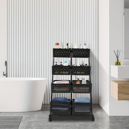 Opbergrekje – Opbergtrolley – Stellingkast – Opbergwagen – Opbergrek – Zwart Metalen Frame – 4 Laags Met 8 Grote Mandjes – Mobiel Met Remmen – Ruimtebesparend Verticaal Design (60x40,5x110 cm)