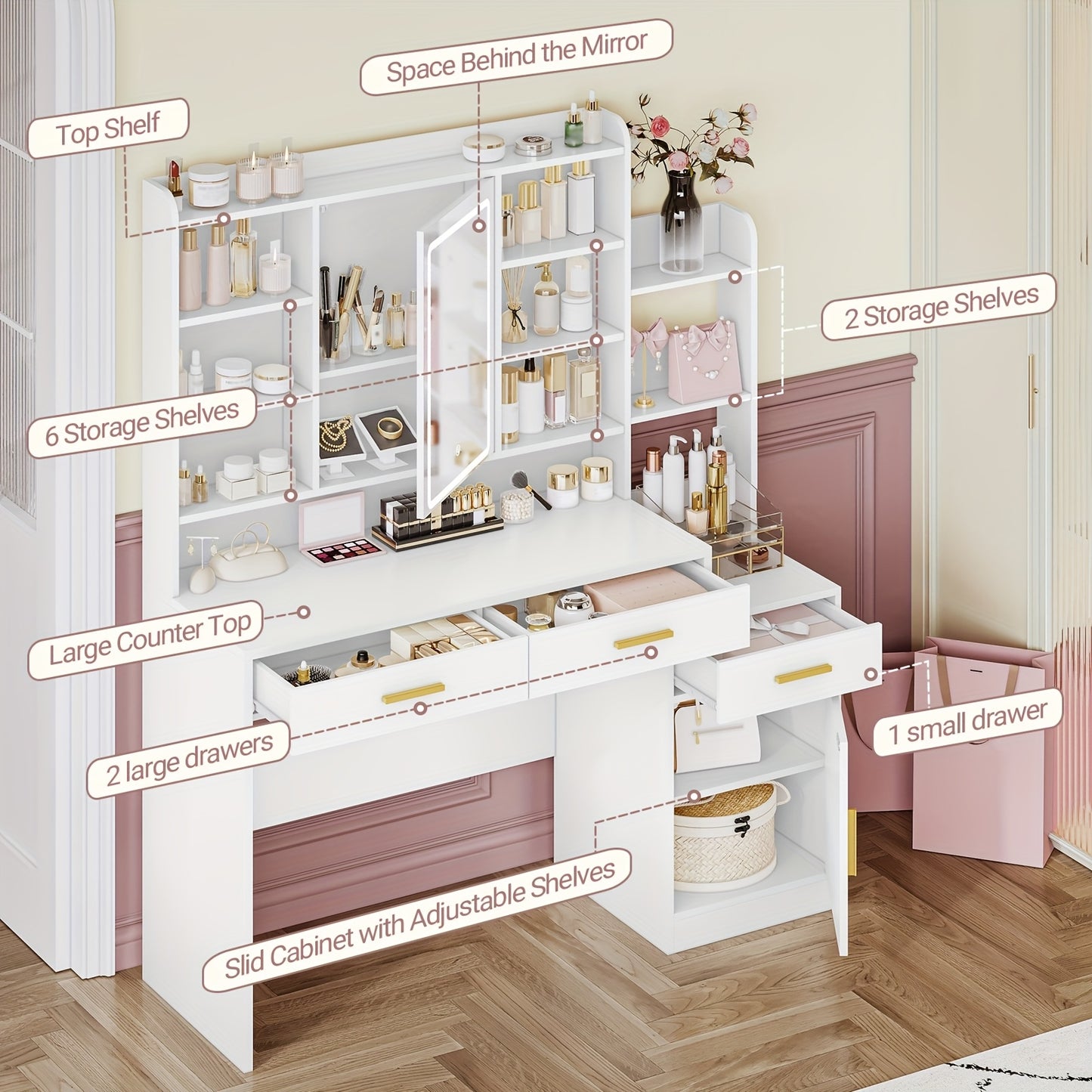 Make-uptafel – Kaptafel – Make-upmeubel – Schminktisch – Witte Make-uptafel – Groot Tafelblad 130 cm – Negen Open Schappen – Twee Lades – Kastje Met Plank