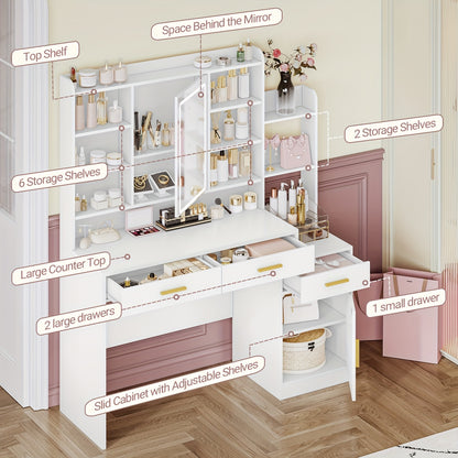 Make-uptafel – Kaptafel – Make-upmeubel – Schminktisch – Witte Make-uptafel – Groot Tafelblad 130 cm – Negen Open Schappen – Twee Lades – Kastje Met Plank