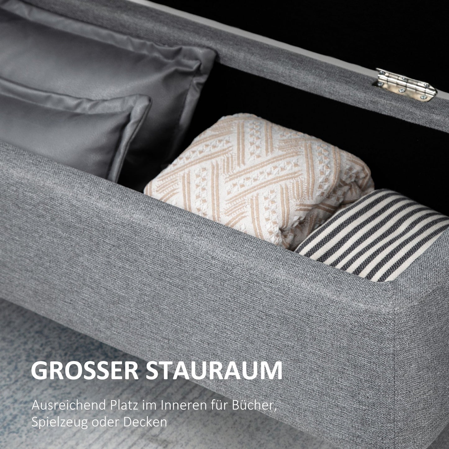 Opbergbank – Zitbank – Opbergbox – Halbank – Opbergkist – Polyester Linnenlook – Stalen Poten – 150 Kg Draagvermogen – 101x38,5x44,5 Cm – Grijs