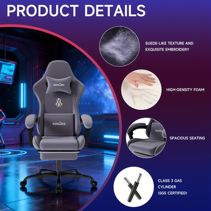 Gamingstoel – Gamestoel – Gaming Chair – Bureaustoel – Game Stoel – Ergonomisch Ontwerp – Verstelbare Rugleuning 135° – Voetsteun – Vuilafstotende Stoffering – Robuust Metalen Frame – Donkergrijs
