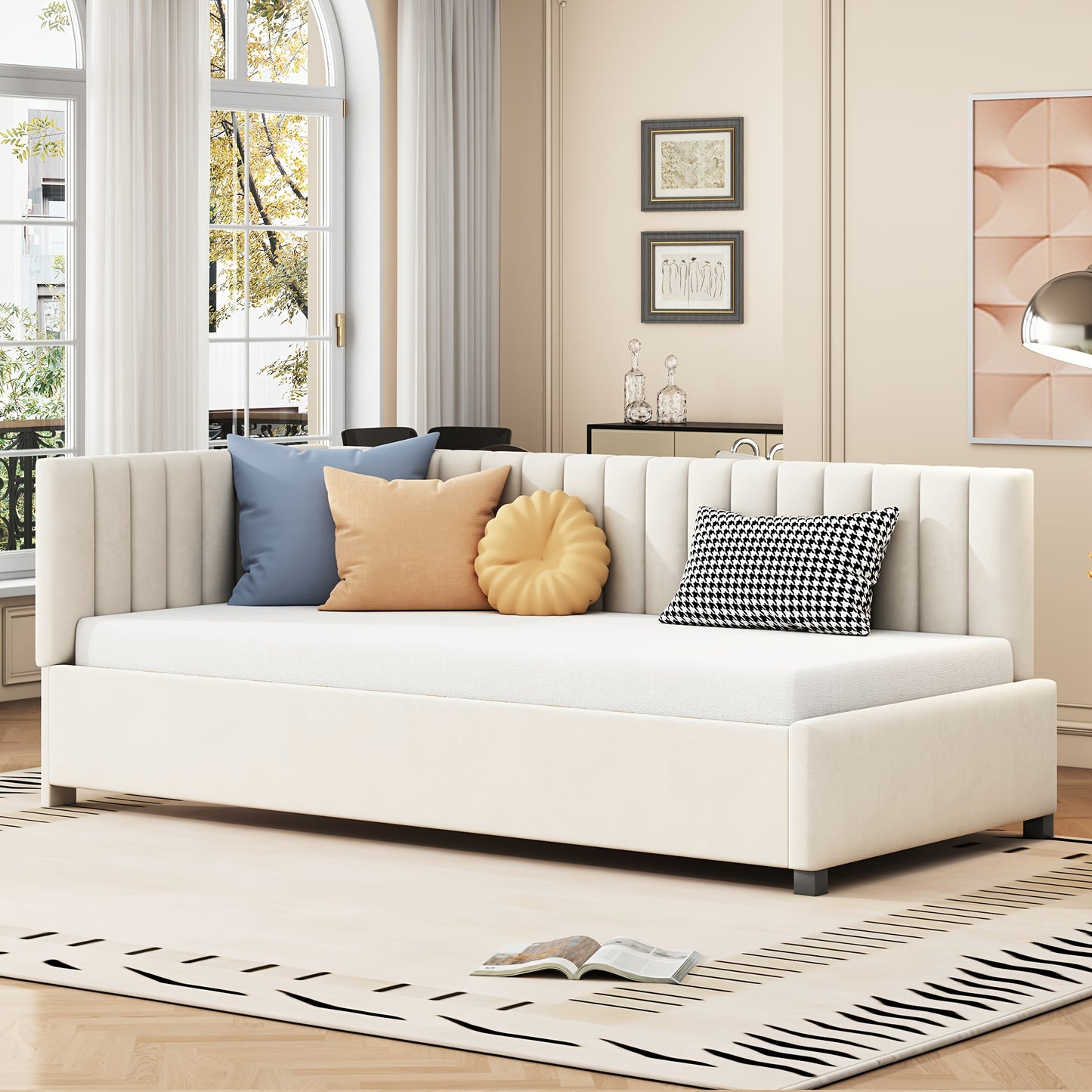 Bedbank – Slaapbank – Logeerbed – Sofa – Bedbank Beige – Huidvriendelijke Velvet Bekleding – Lattenbodem 90x200 cm
