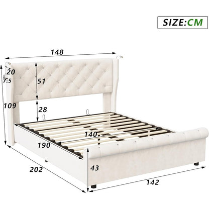 Opbergbed – Gestoffeerd Bed – Tweepersoonsbed – Bedkoffer – Opbergmeubel – 140x190 cm – Off-white Velvet – Hydraulisch Systeem & USB Leeslamp